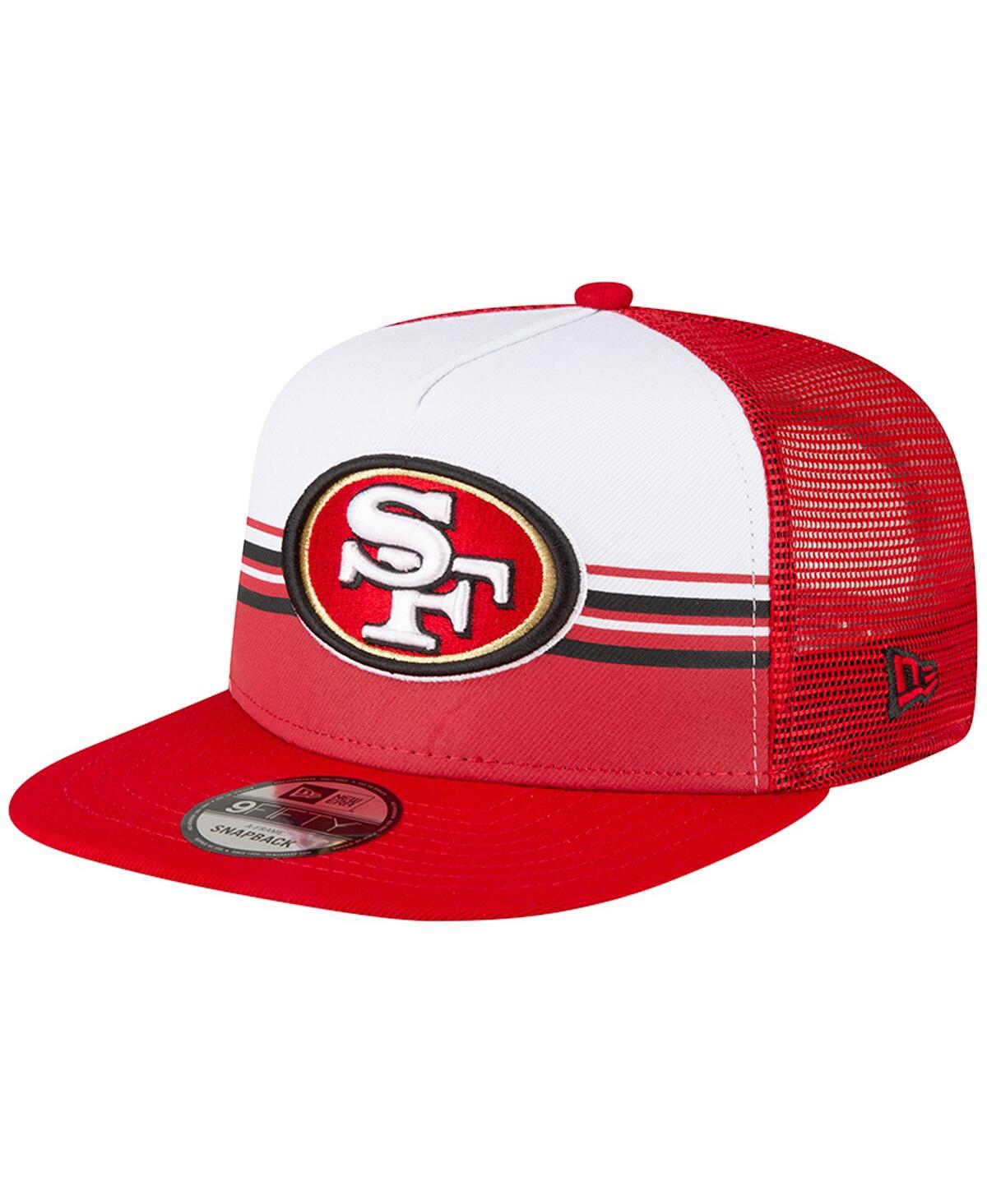 New Era Men's  White, Scarlet San Francisco 49ers Striped A-frame 9fifty Trucker Snapback Hat In White,scarlet