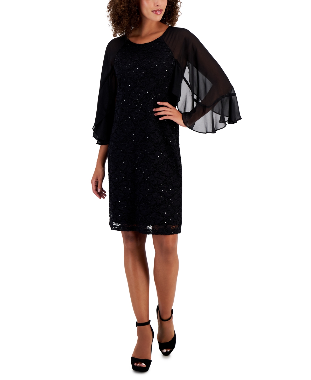 Women's Ruffled-Sleeve Lace Sheath Dress - Black