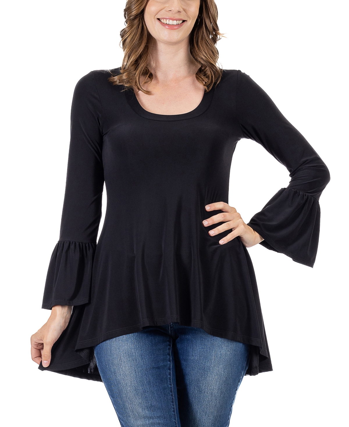 24seven Comfort Apparel Women's Long Bell Sleeve High Low Tunic Top In Black
