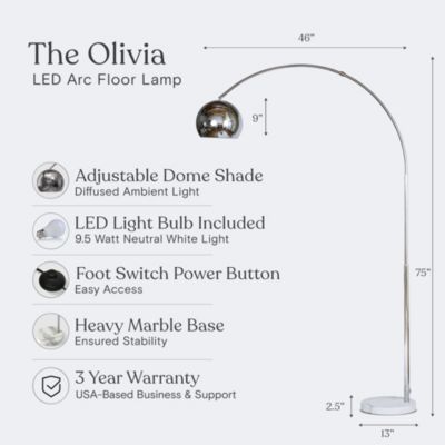 Olivia LED Contemporary Arc Floor Lamp with Heavy-Weighted Marble Base (75"), Bulb Included