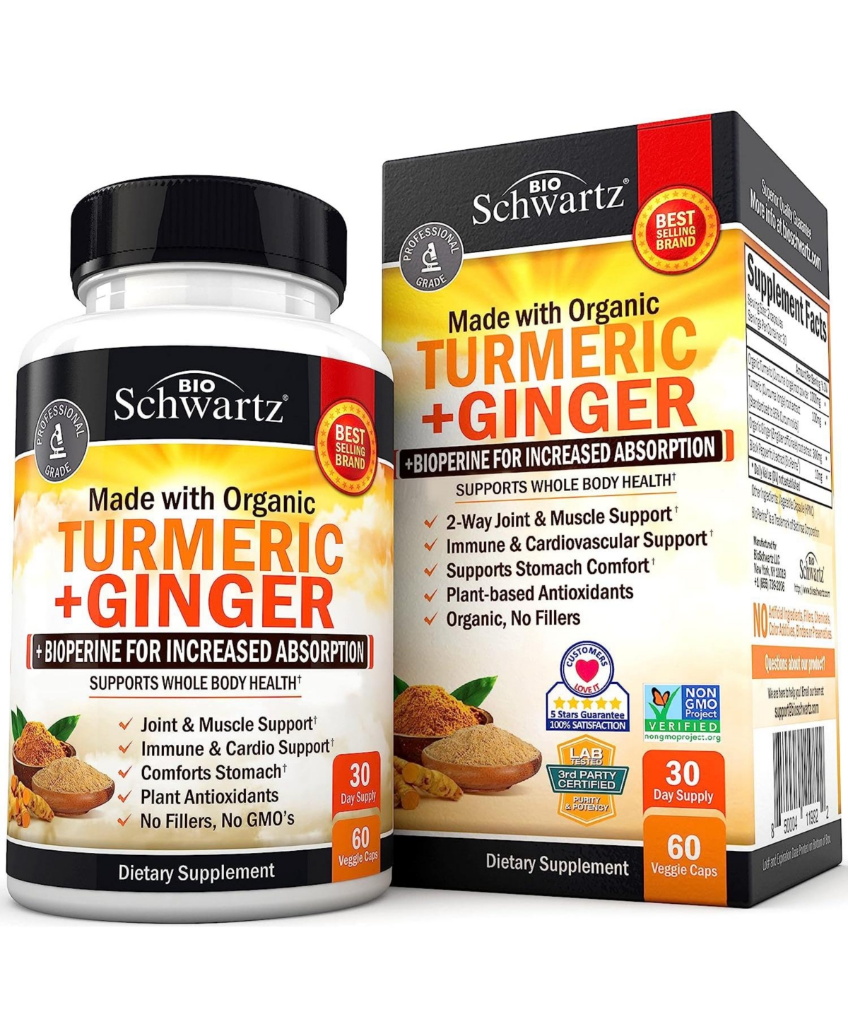 Organic Turmeric Curcumin and Ginger - 95% Standardized Curcuminoids with BioPerine Black Pepper Extract for Ultra High Absorption - Natural Joint Sup