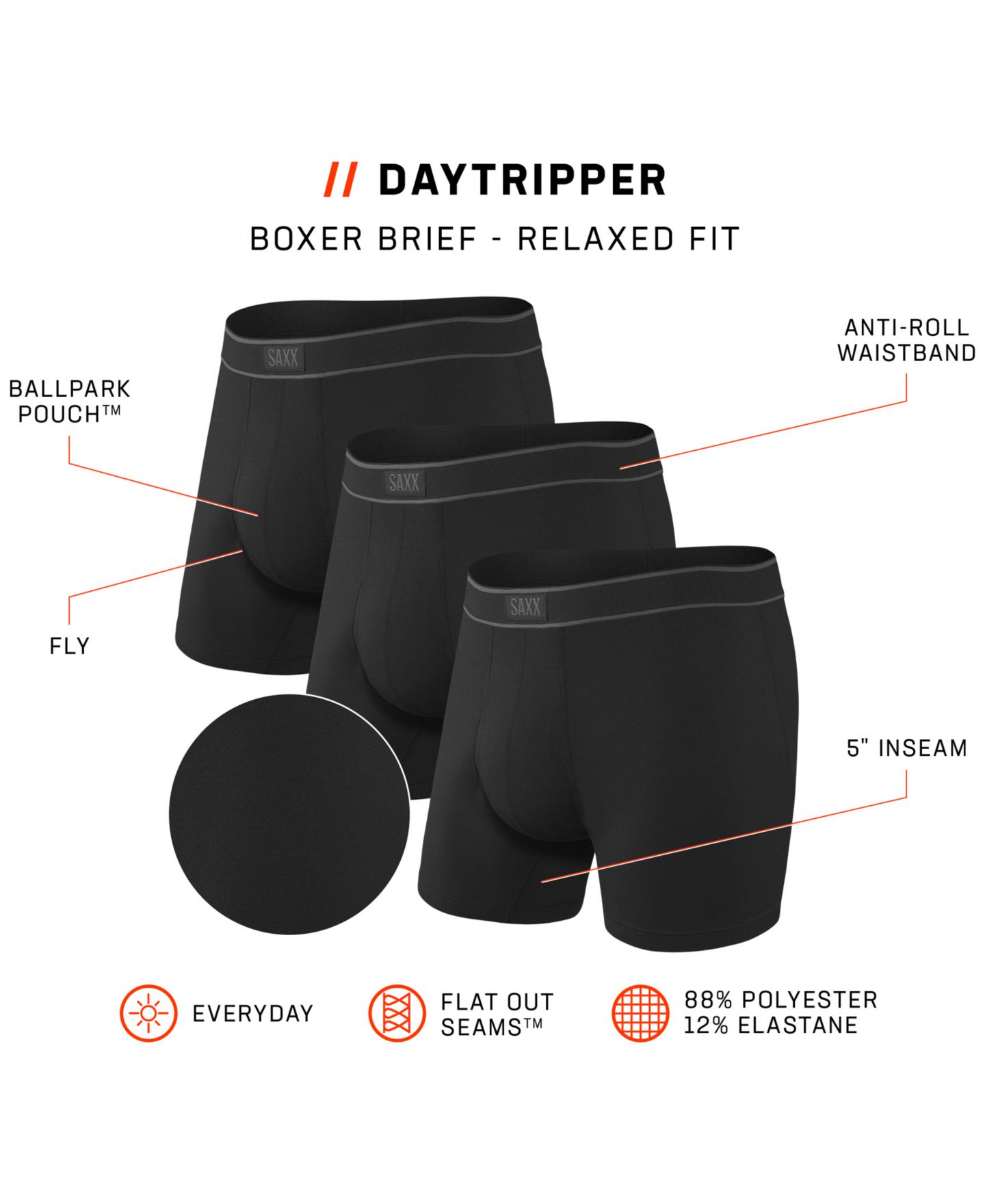 Трусы-боксеры Daytripper для мужчин, 3 шт. — SAXX, цвет: Чёрный — фото 2
