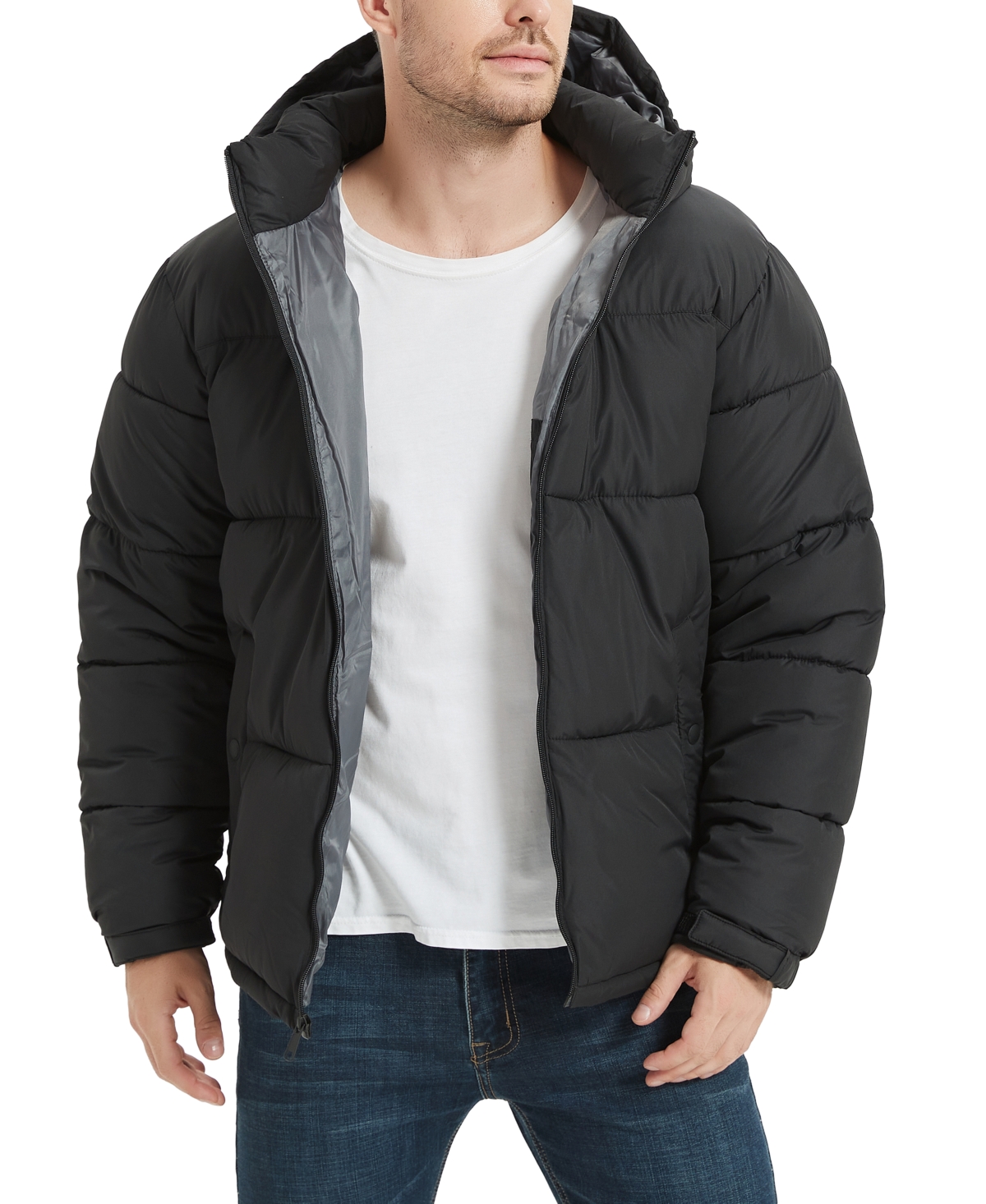 Men's Quilted Zip Front Hooded Puffer Jacket - Black
