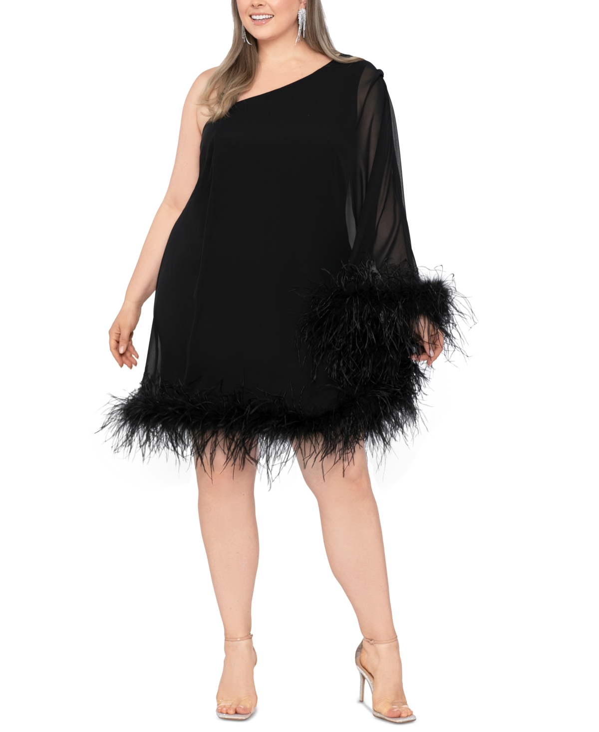 Plus Size One-Shoulder Feather-Trimmed Dress - Black