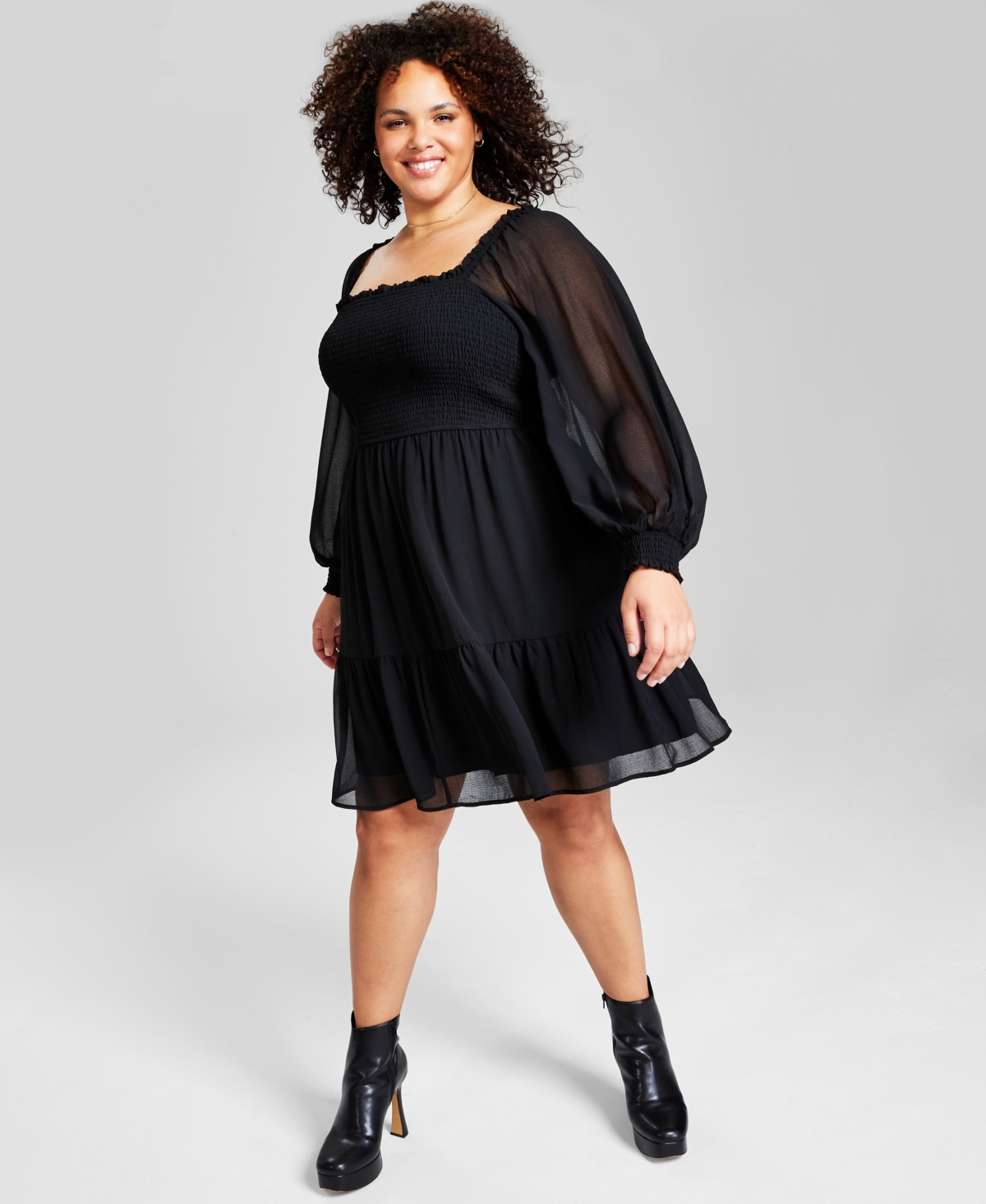 And Now This Plus Size Square-neck Long-sleeve Dress In Deep Black