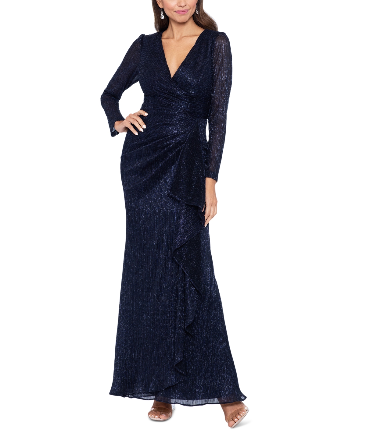 Betsy & Adam Petite Metallic-knit Long-sleeve Gown In Black,royal,silver