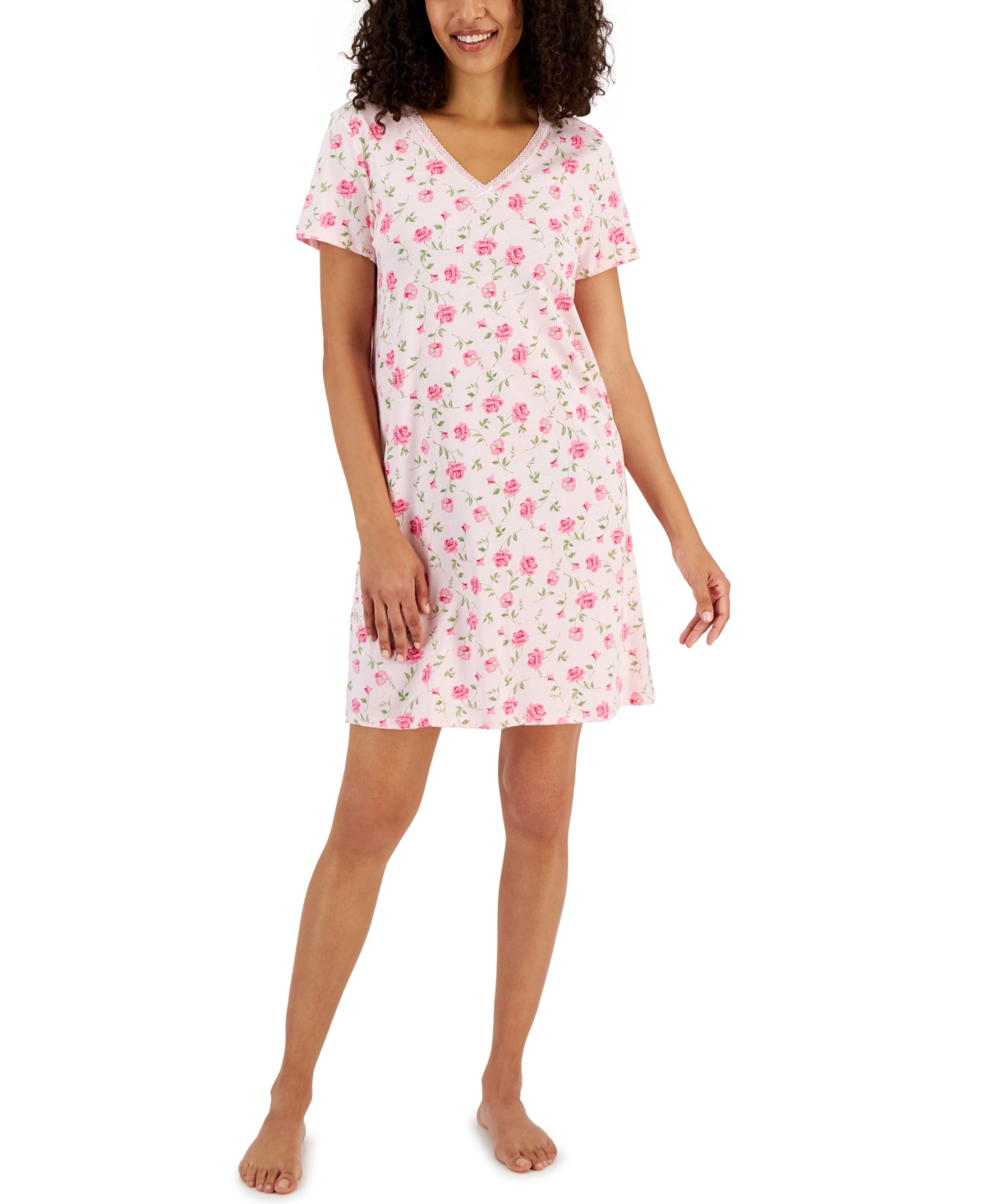 Charter Club Women's Cotton Printed Lace-trim Nightgown, Created For Macy's In Sweet Roses