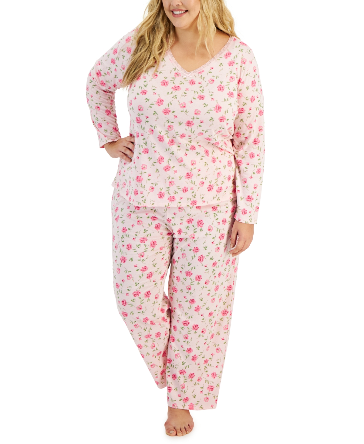 Plus Size 2-Pc. Cotton Printed Pajamas Set, Created for Macy's - Sweet Roses