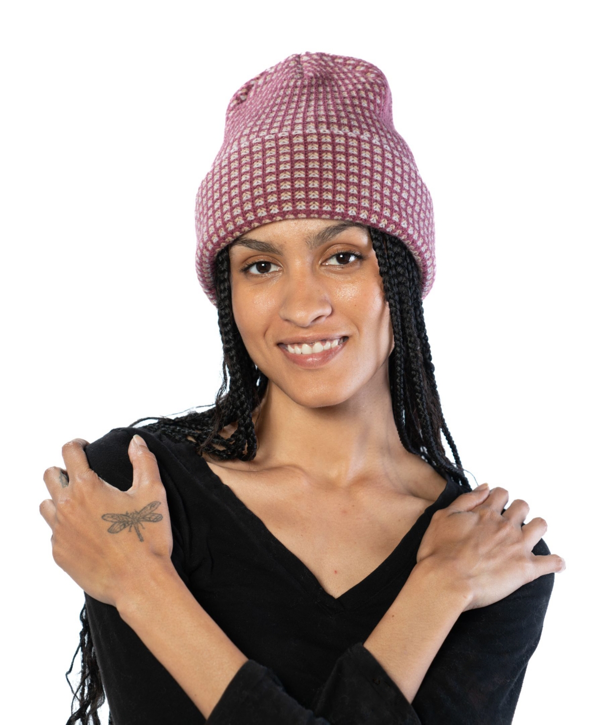 Checkered Cuff Beanie - Plum