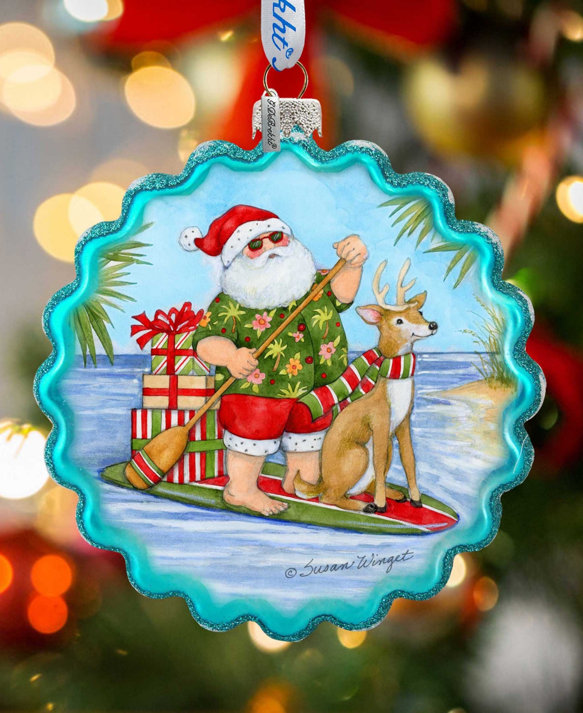 Designocracy Paddle Boarding Santa Wreath Christmas Mercury Glass Ornaments S. Winget In Multi Color