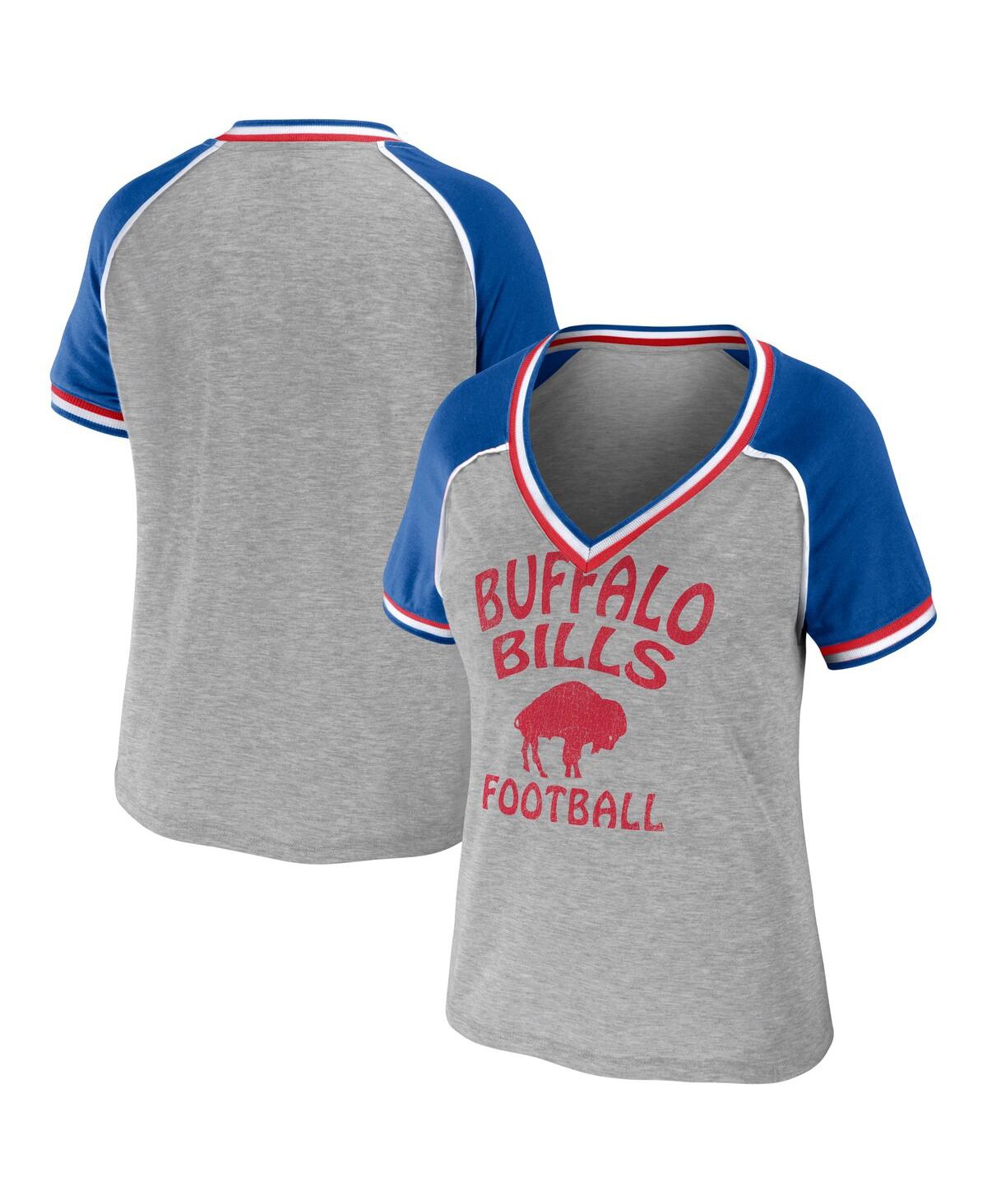 Wear By Erin Andrews Women's  Heather Gray Buffalo Bills Plus Size Throwback Raglan V-neck T-shirt In Heather Gray