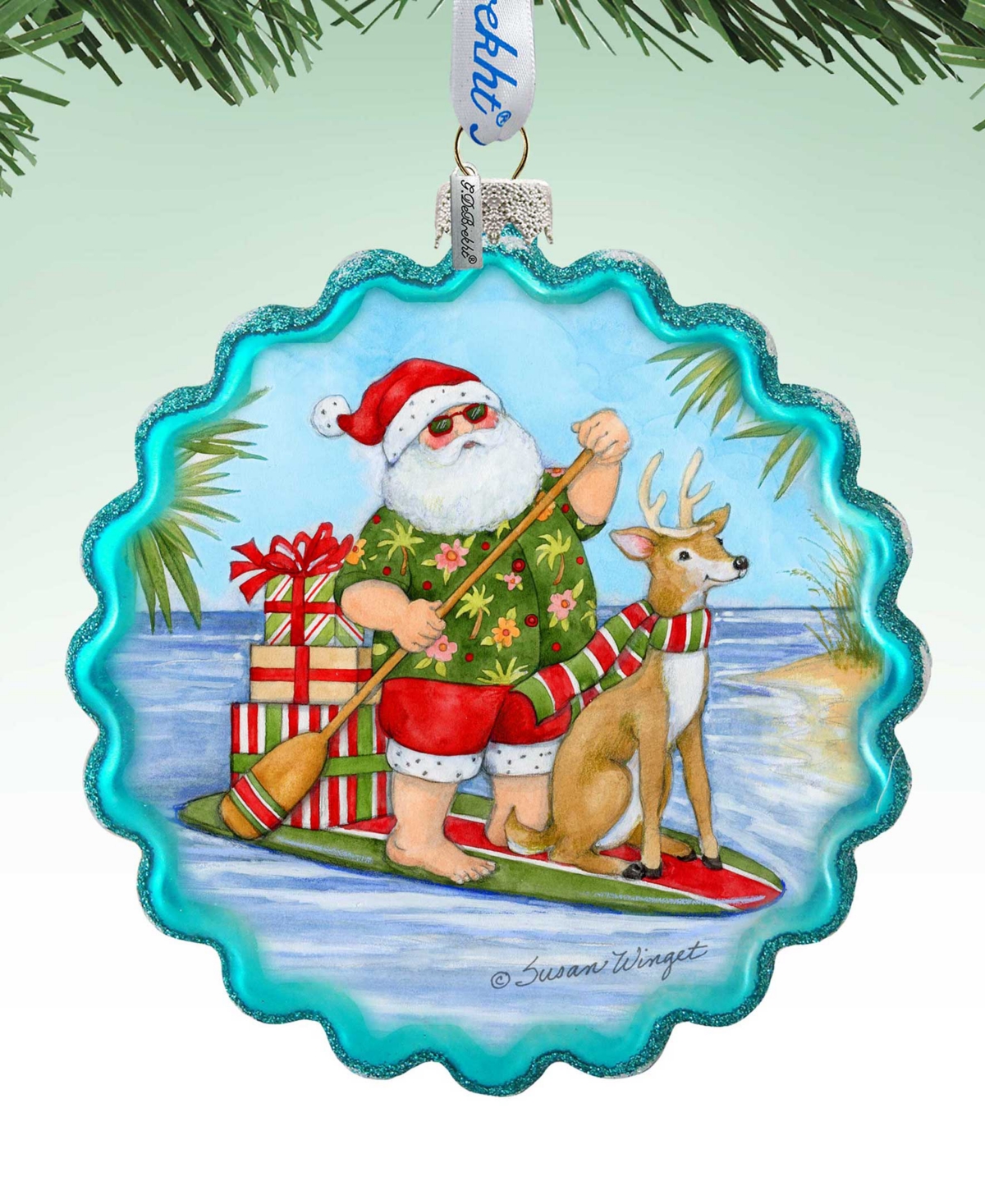 Designocracy Paddle Boarding Santa Wreath Christmas Mercury Glass Ornaments S. Winget In Multi Color