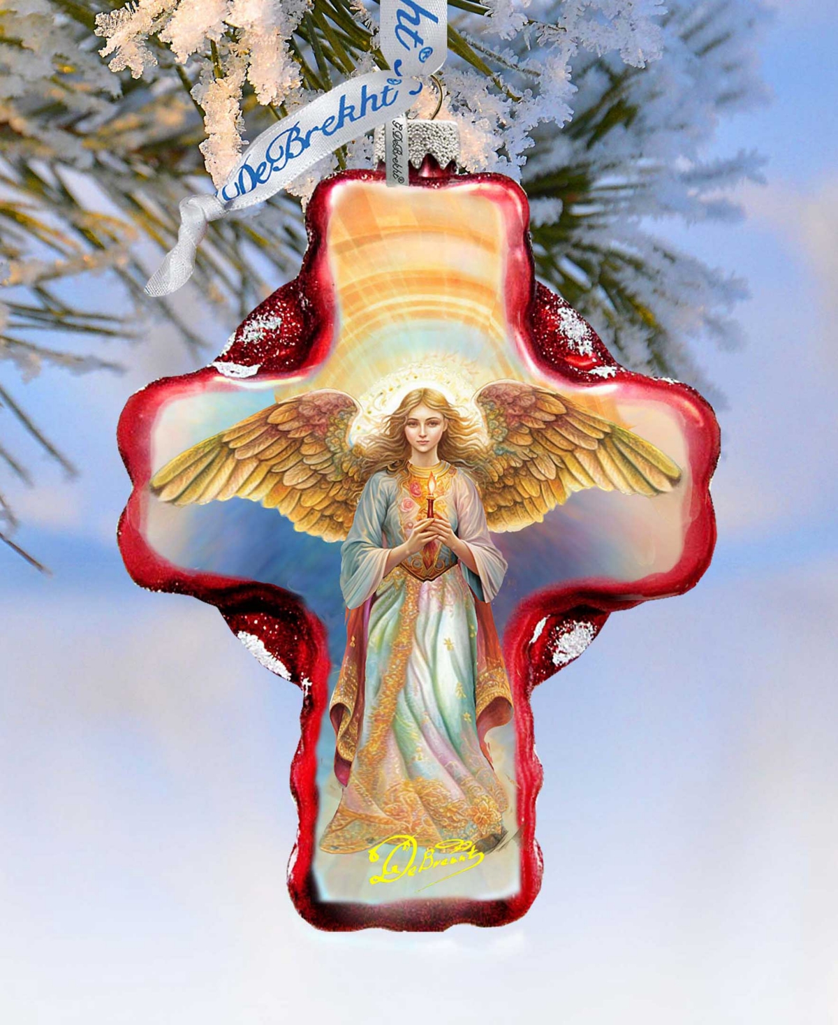 Designocracy Angel Descending From Heaven Cross Christmas Glass Ornaments G. Debrekht In Multi Color