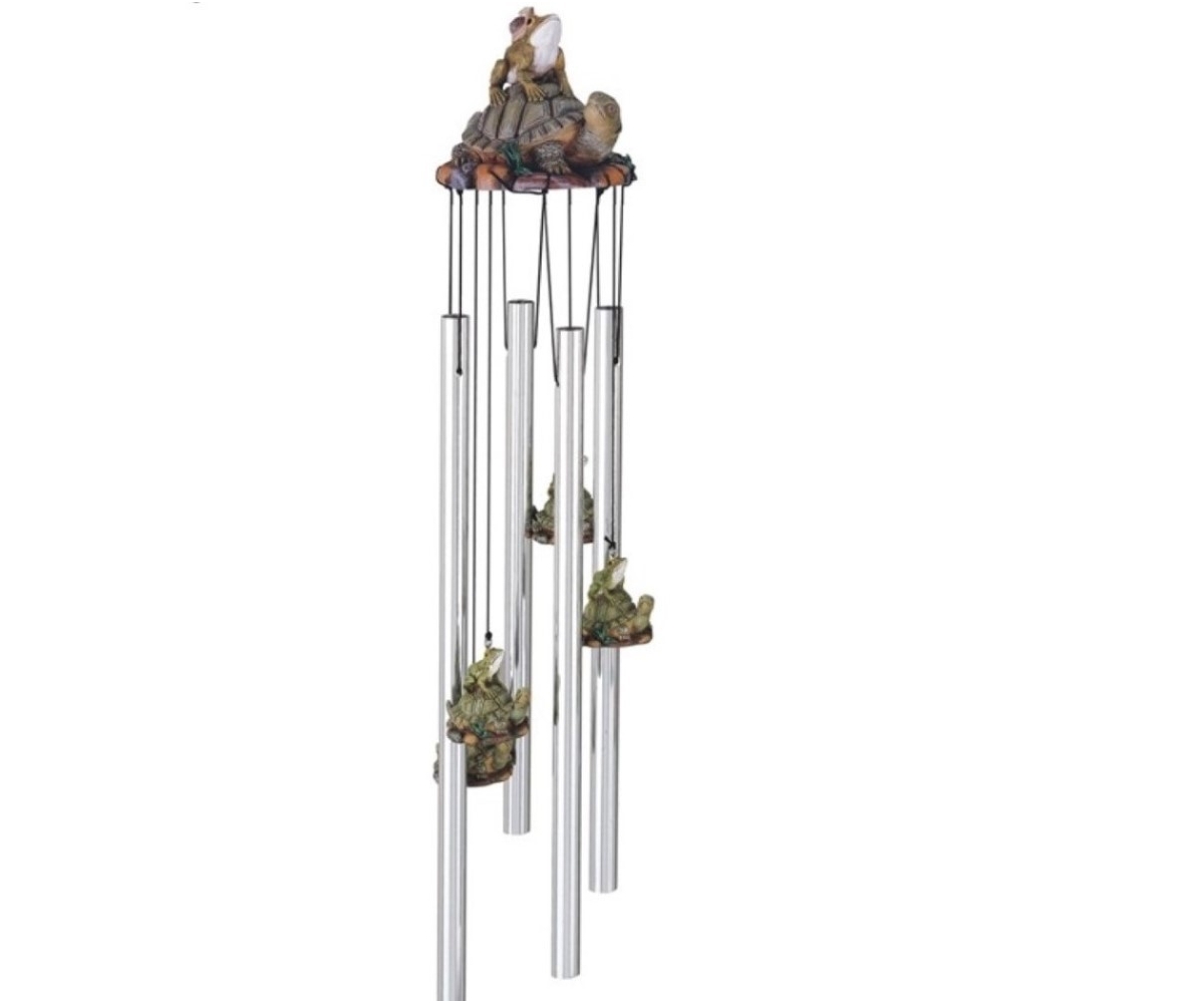 23" Long Frog and Turtle Round Top Wind Chime - Silver