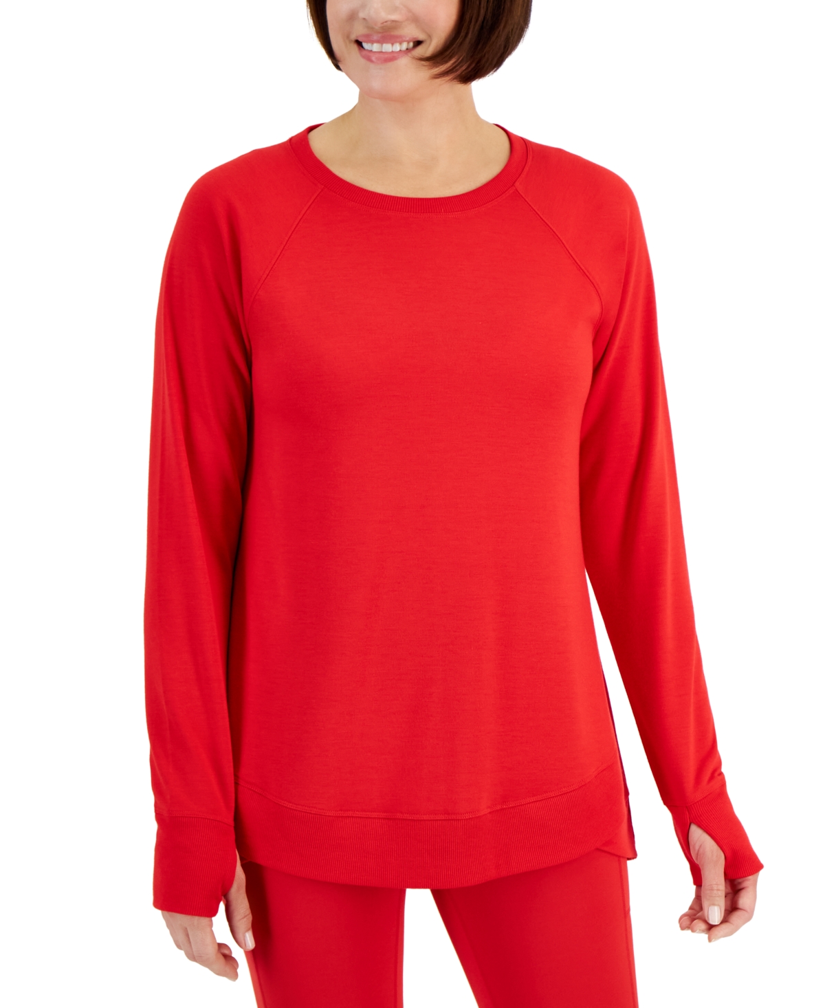 Women's Active Butter French-Terry Long-Sleeve Thumbhole Tunic Top, Created for Macy's - Gumball Red