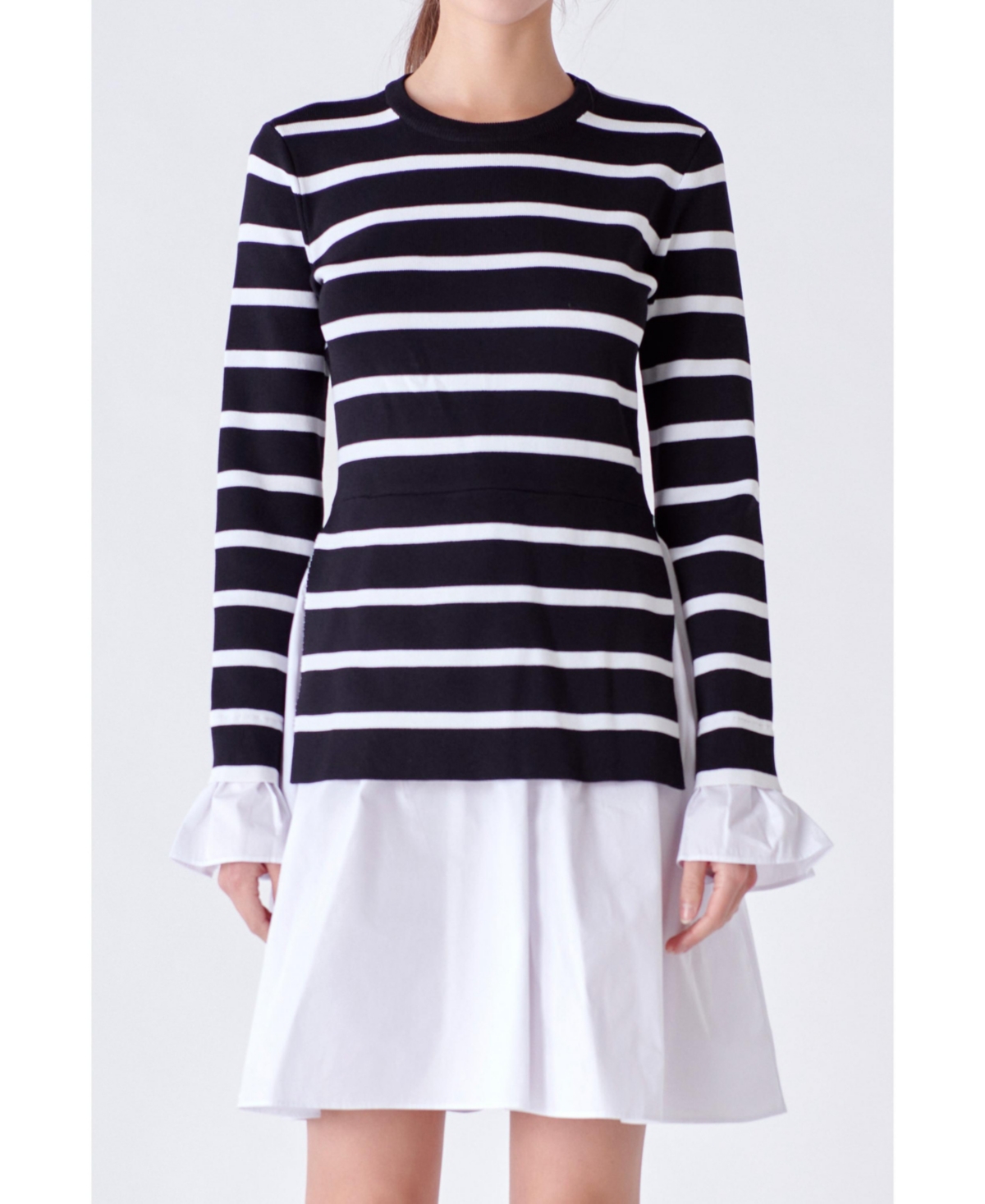 1920s Day Dresses, Non-Flapper Daytime Outfits Womens Poplin Combo Knit Dress - Black stripe $90.00 AT vintagedancer.com