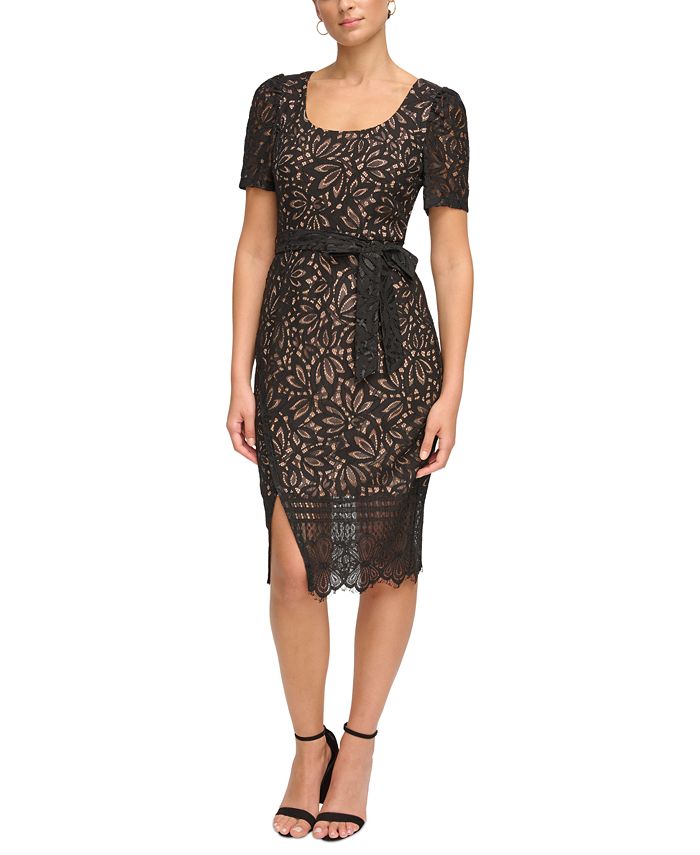 Velveteen belt lace sheath dress hot sale