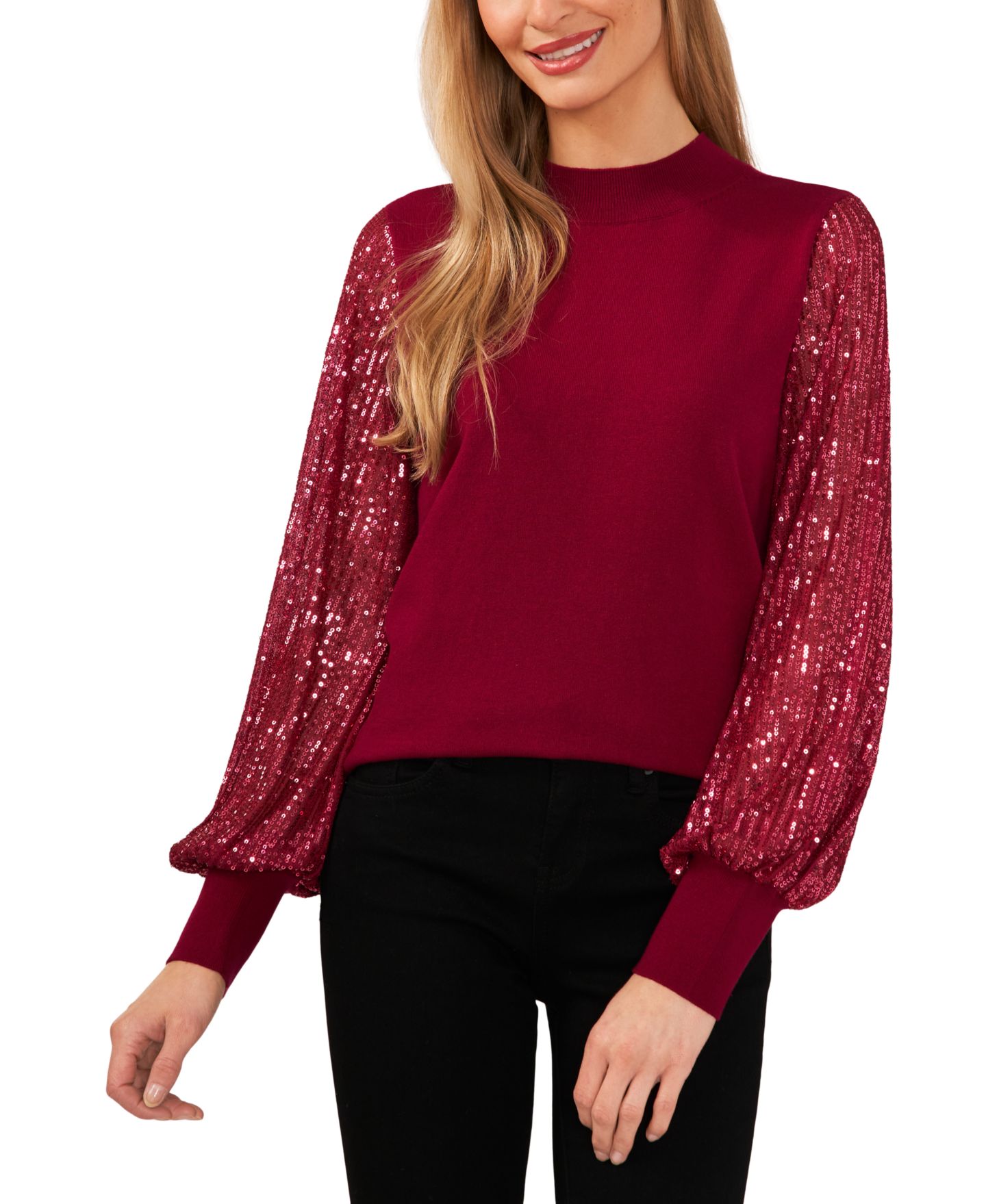 Женский свитер CeCe Sheer-Sequin-Sleeve Mock-Neck Cotton, цвет: Глубокий мерло — фото 1