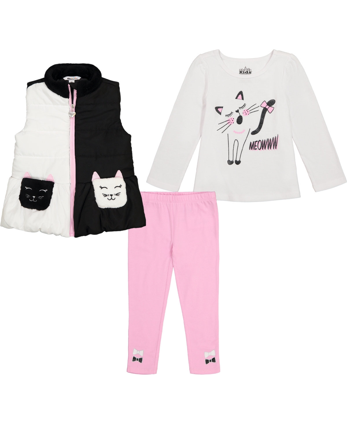 Kids Headquarters Baby Girls Faux-fur Trimmed Vest, Kitty T-shirt And Leggings Set, 3 Piece Set In Black,white