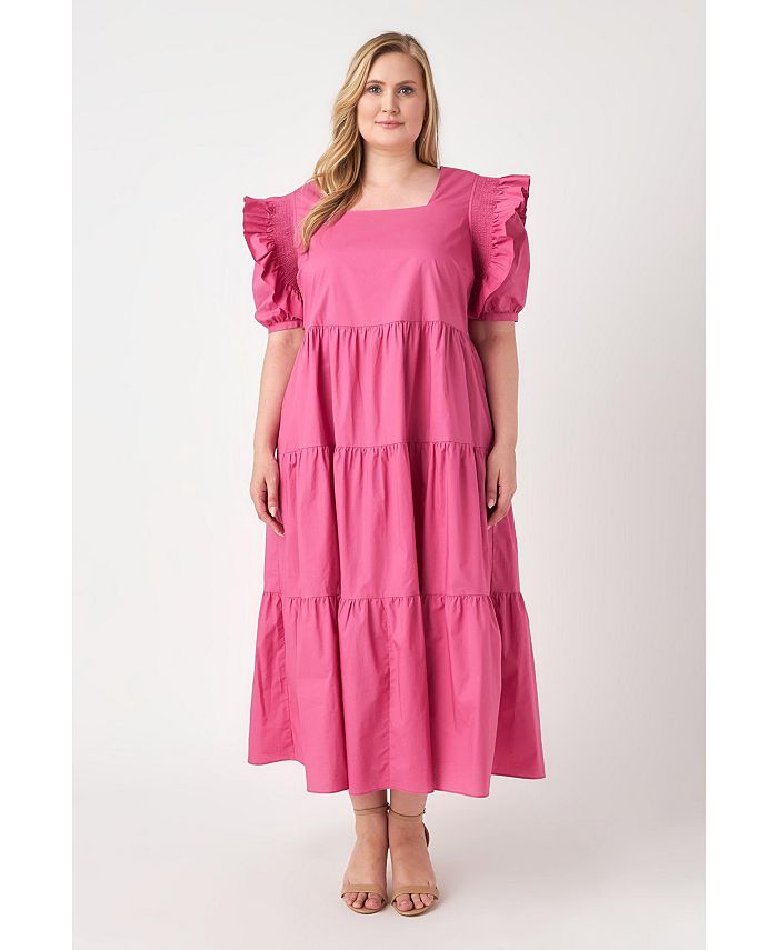 English Factory Women's Plus size Square Neck Ruffle Smocked Detail