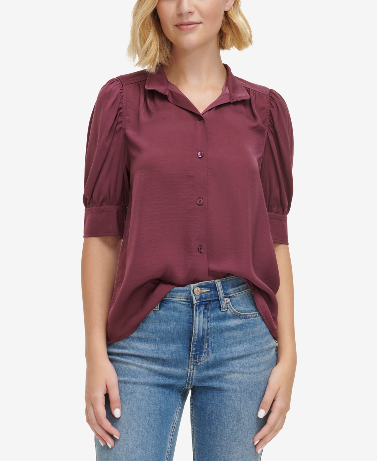 Women's Stand-Collar Charmeuse Puff-Sleeve Shirt - Garnet