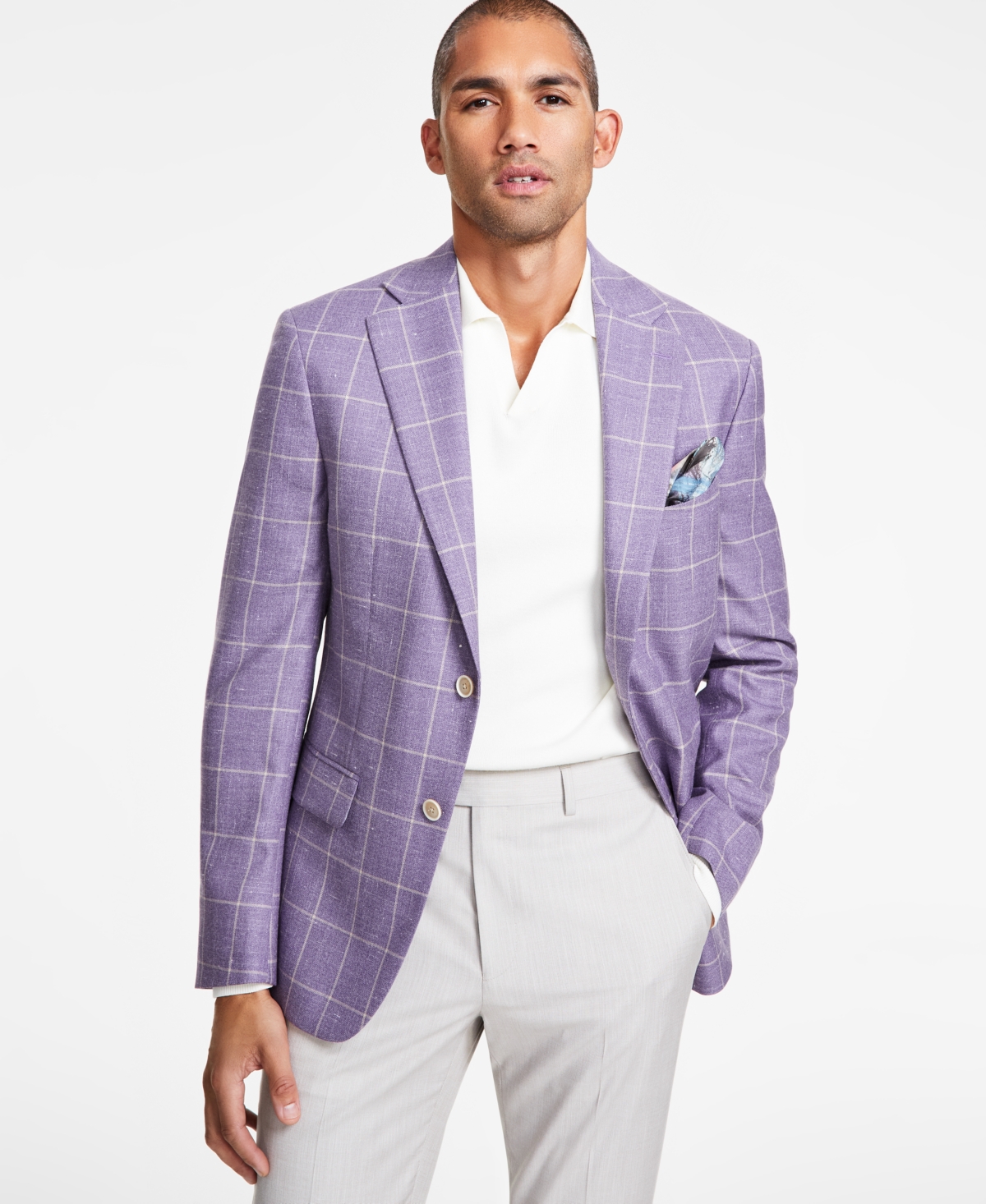Men's Slim-Fit Windowpane Wool-Blend Sport Coat - Purple