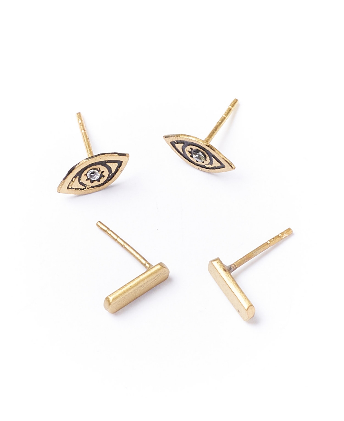 Shop Matr Boomie Ruchi Evil Eye Tiny Bar Gold Stud Earrings Set Of 2 In Brass