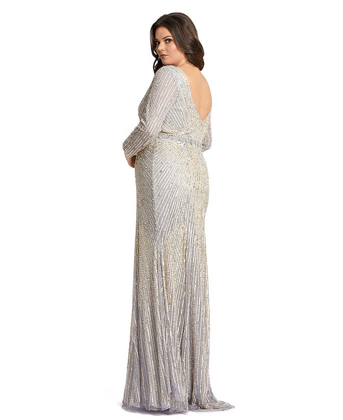 Mac Duggal Women's Plus Size Sequined Long Sleeve Plunge Neck Gown - Macy's