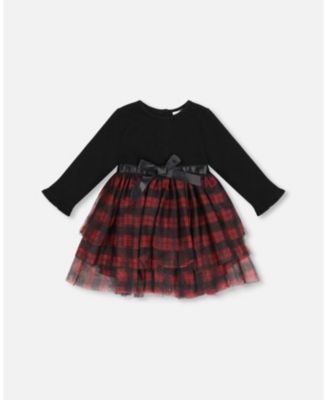 Deux Par Deux Bi-Material Black Long Sleeve Dress With Tulle Skirt Buffalo Plaid Deux Par Deux Bi-Material Black Long Sleeve Dress With Tulle Skirt Buffalo Plaid