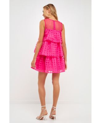 Women's Organza Gridded Tiered Sleeveless Mini Dress