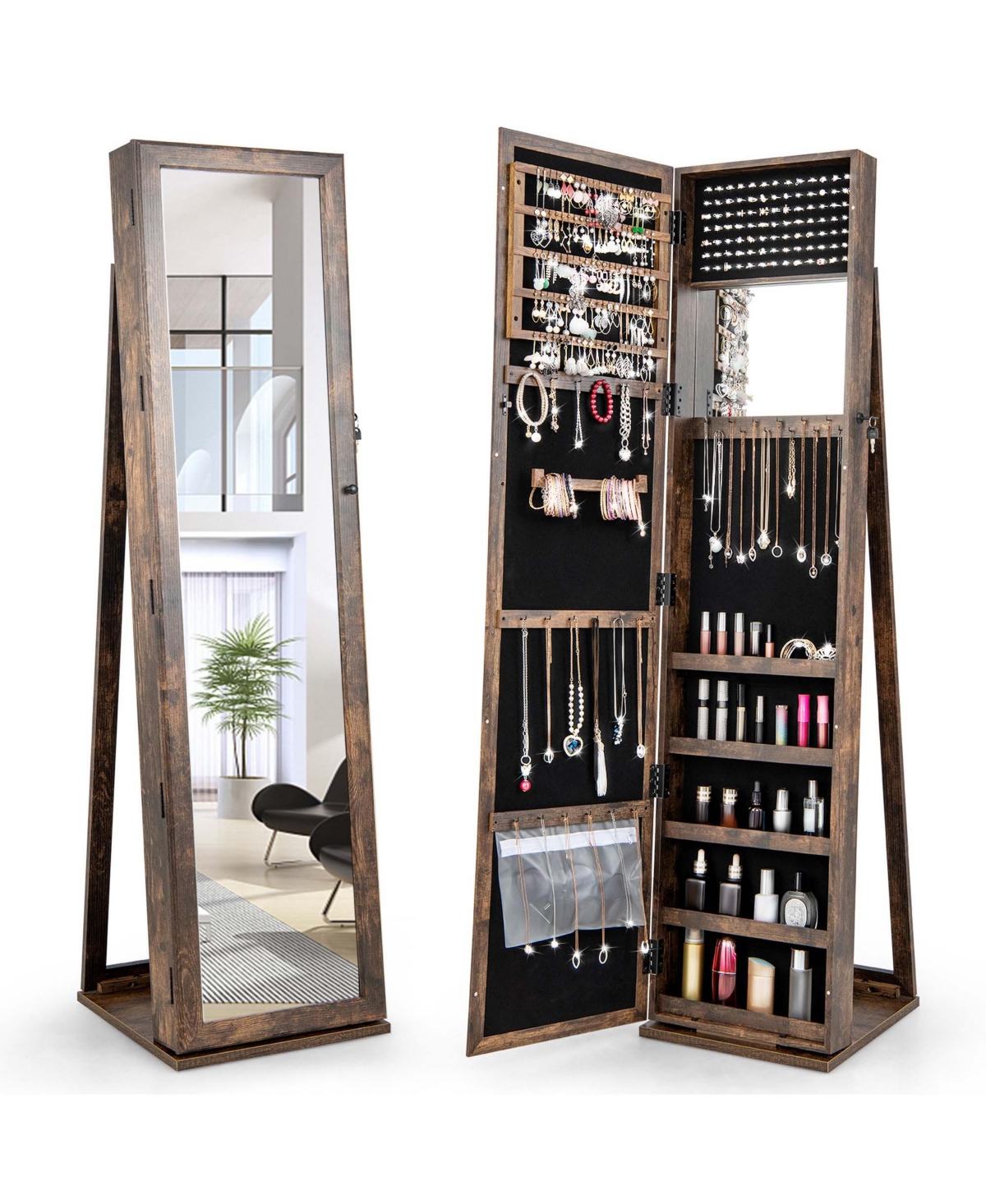 Mirrored Jewelry Cabinet Armoire Lockable Standing Storage Organizer with Shelf - Brown