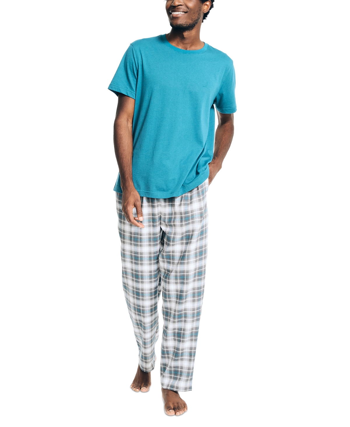 Nautica Men's 2-pc. Classic-fit Solid T-shirt & Plaid Flannel Pajama Pants Set In Cargo Blue