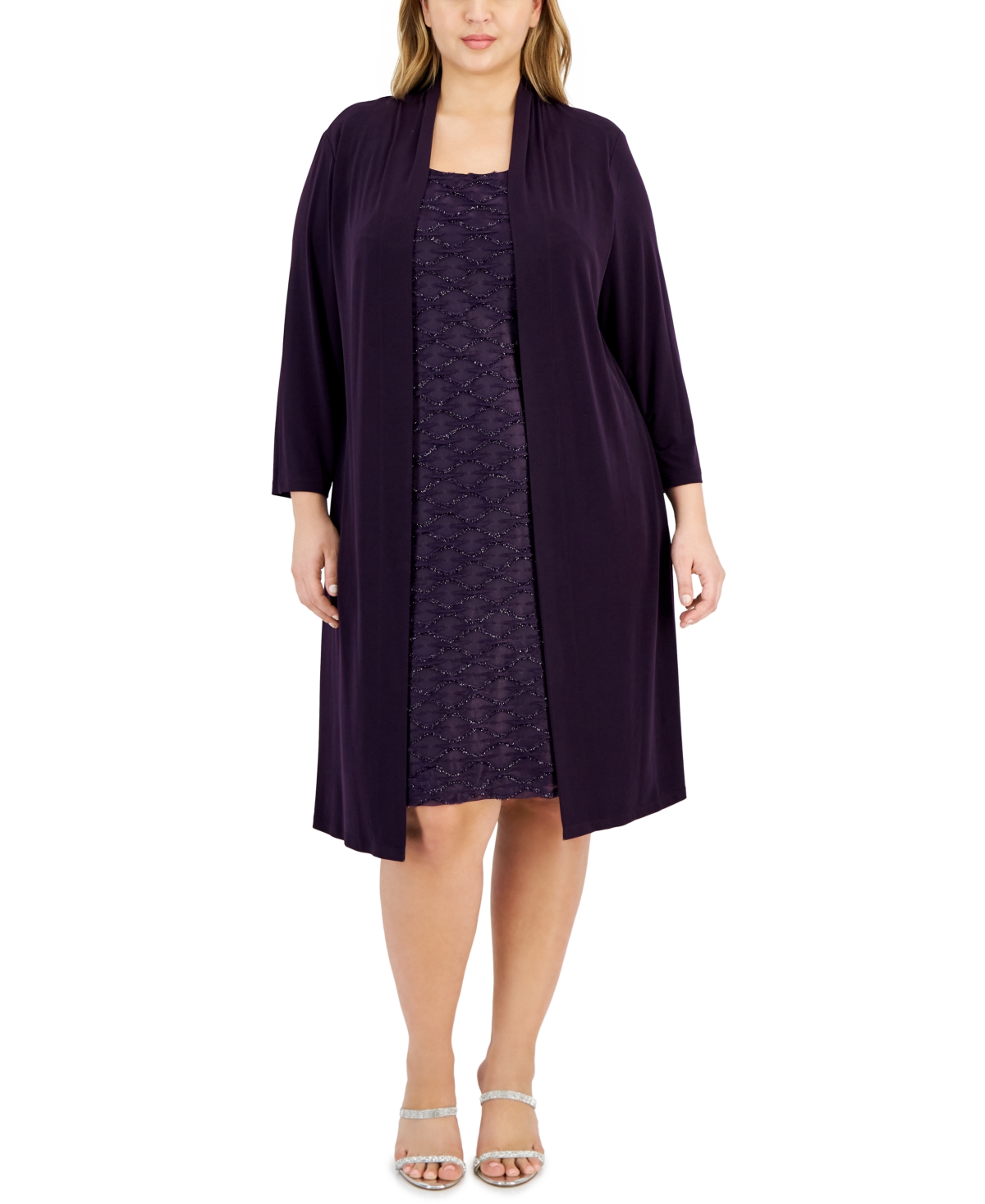 Connected Plus Size 2-pc. Jacquard Jacket Dress In Aubergine