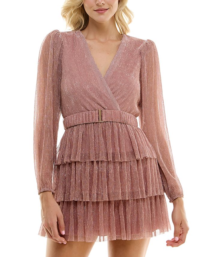 B Darlin Juniors Metallic V Neck Belted Tiered Dress Macy s