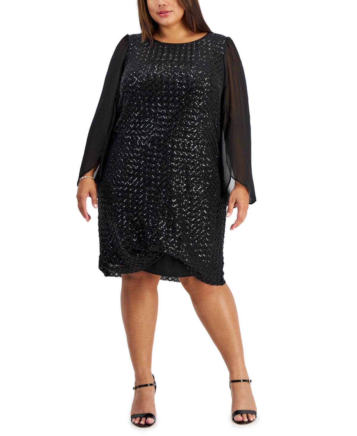 Connected Plus Size Round-neck Cape-sleeve Sequin Sheath Dress In Black