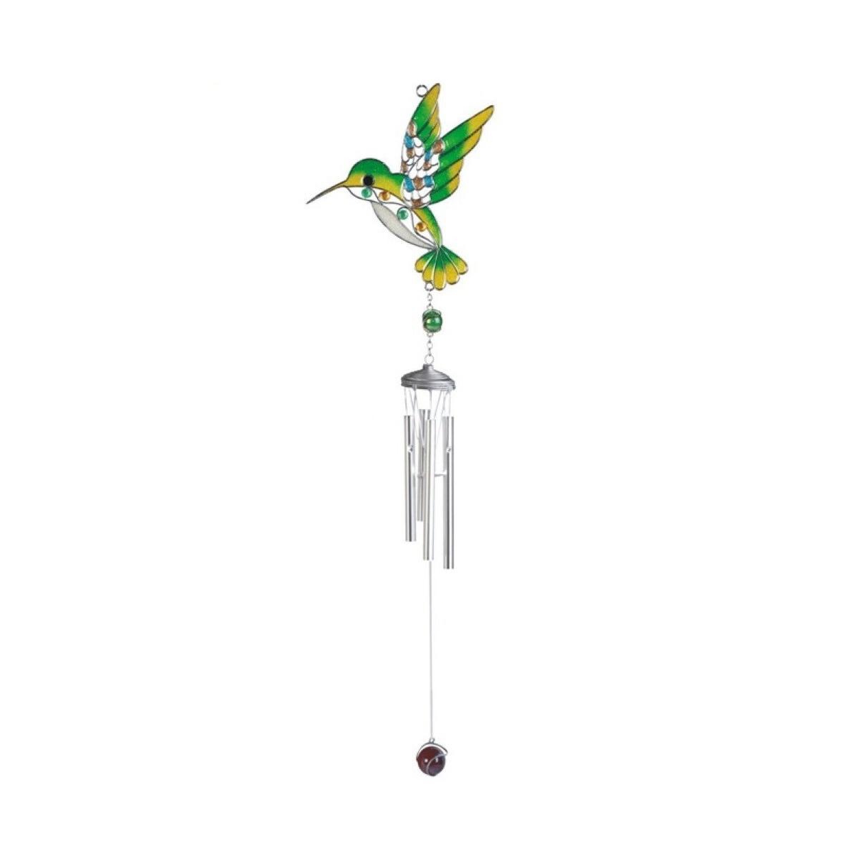 31" Long Green Hummingbird Suncatcher Wind Chime Home Decor Perfect Gift for House Warming, Holidays and Birthdays - Silver
