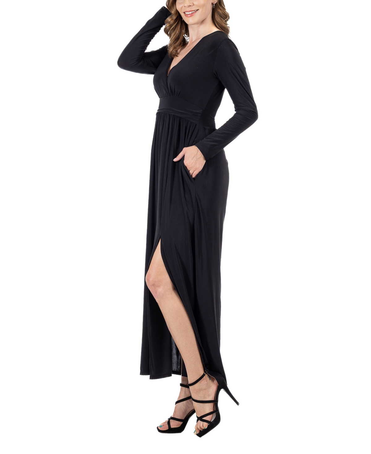 24seven Comfort Apparel Women's Long Sleeve V-neck Side Slit Maxi Dress