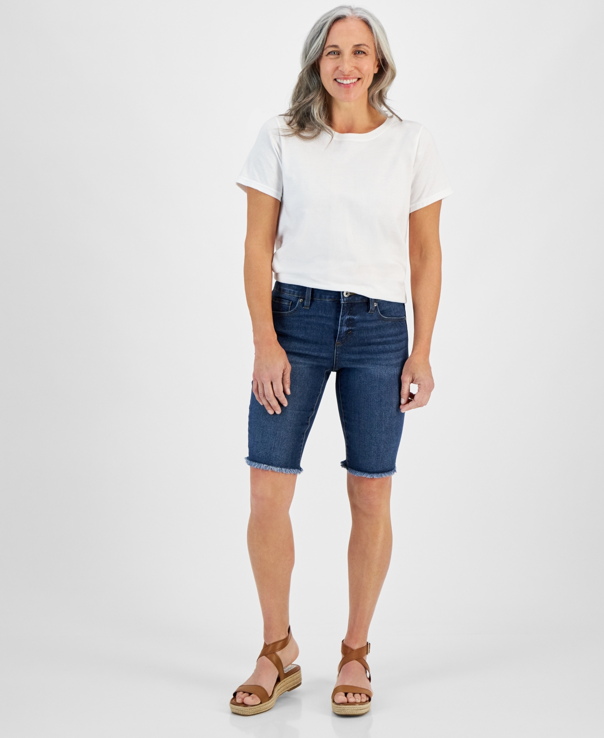 Petite Raw-Edge Denim Bermuda Shorts, Created for Macy's - Paige Emb