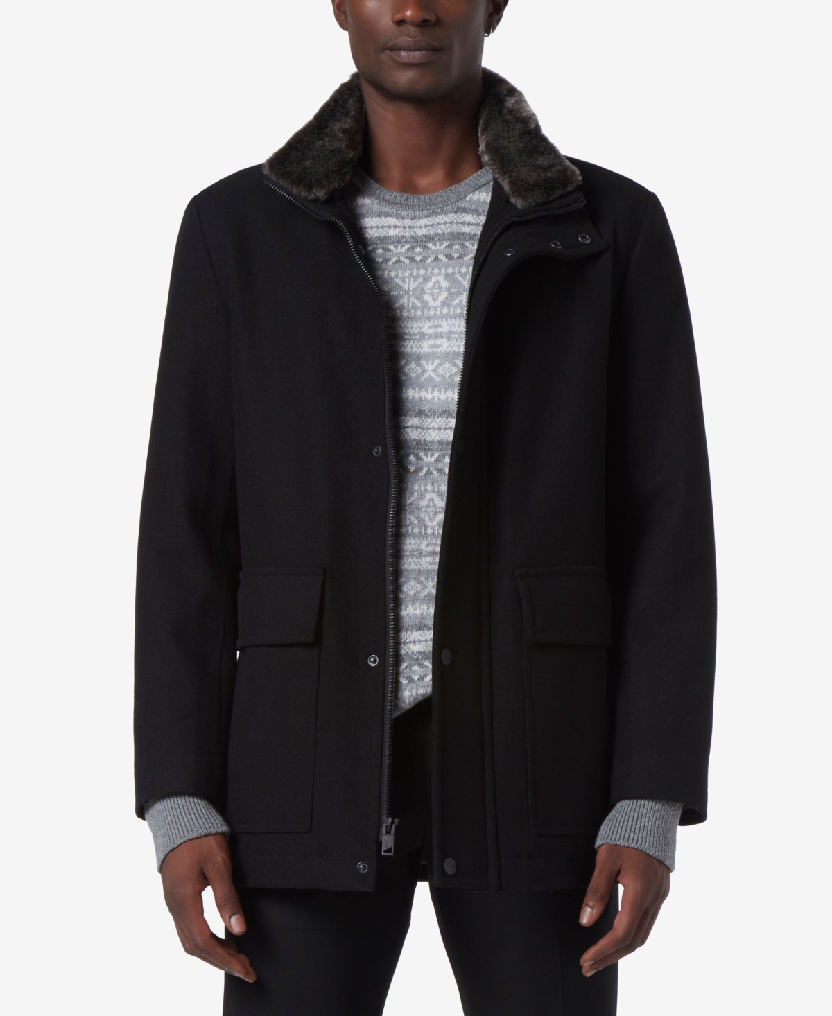 Marc New York Men's Brooks Melton Wool Car Coat With Faux Fur Collar In Black