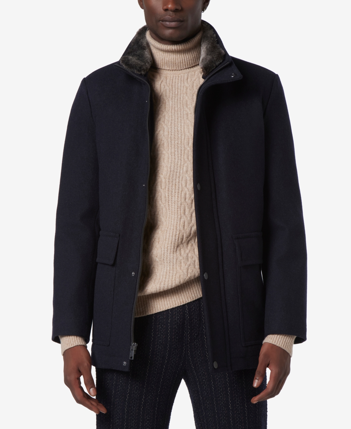 Marc New York Men's Brooks Melton Wool Car Coat With Faux Fur Collar In Blue Heather