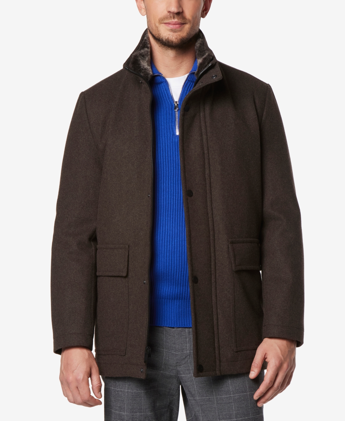 Marc New York Men's Brooks Melton Wool Car Coat With Faux Fur Collar In Hickory