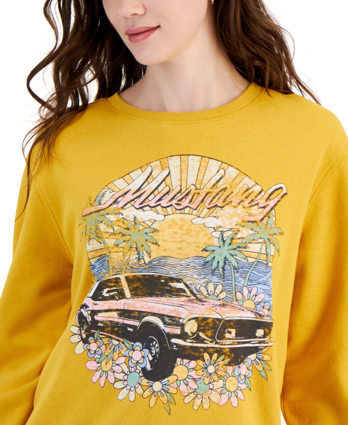 Shop Love Tribe Juniors' Mustang Crewneck Sweatshirt In Honey Gold