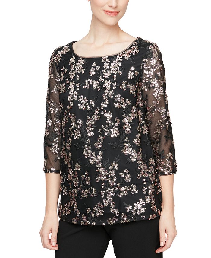Alex Evenings Embroidered Sequin 3/4-Sleeve Top - Macy's