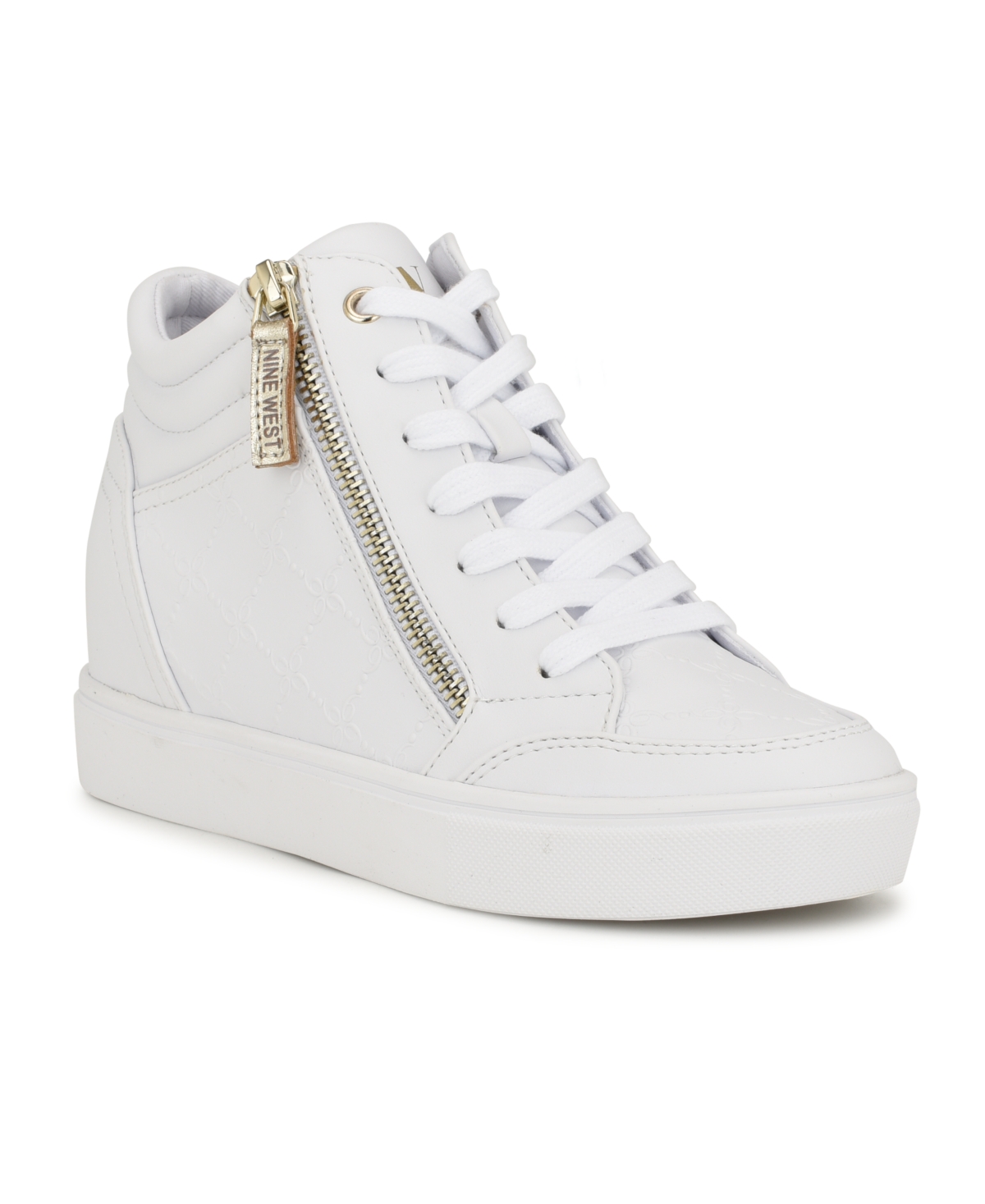 Nine West Women s Tons High Top Hidden Wedge Sneakers Embossed White Gold Faux Leather Smart Closet