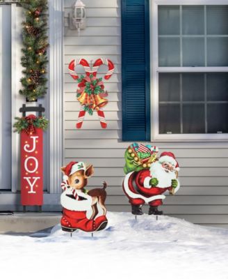 24" H Metal Glitter Santa, Reindeer and Candy Cane Yard Stake, Set of 3
