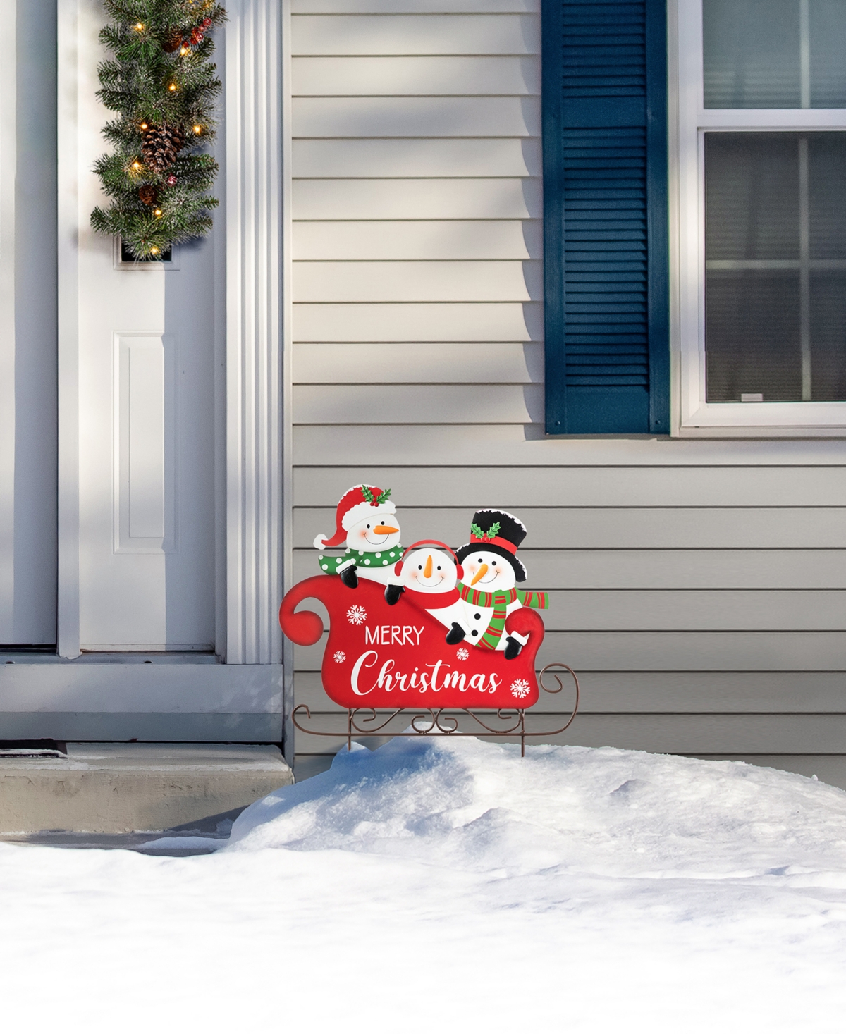 Glitzhome 24" H Metal Snowmen Riding Sleigh Yard Stake In Multi
