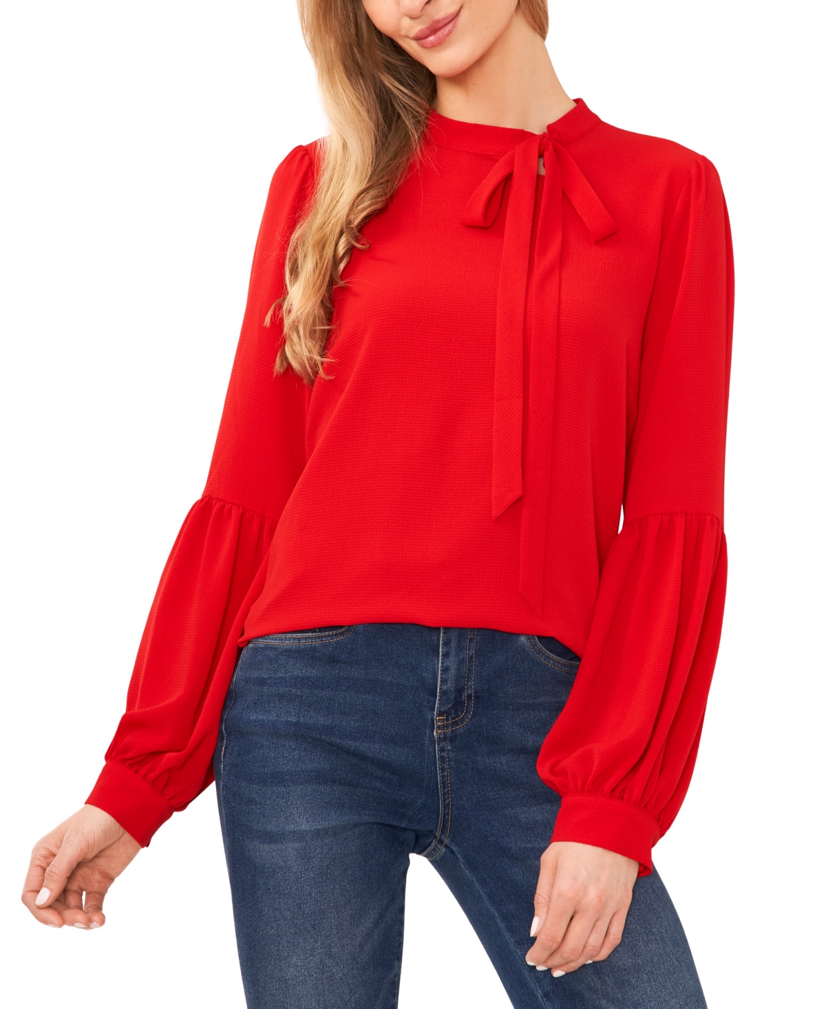 Cece Solid Tie-neck Puff-sleeve Blouse In Luminous Red