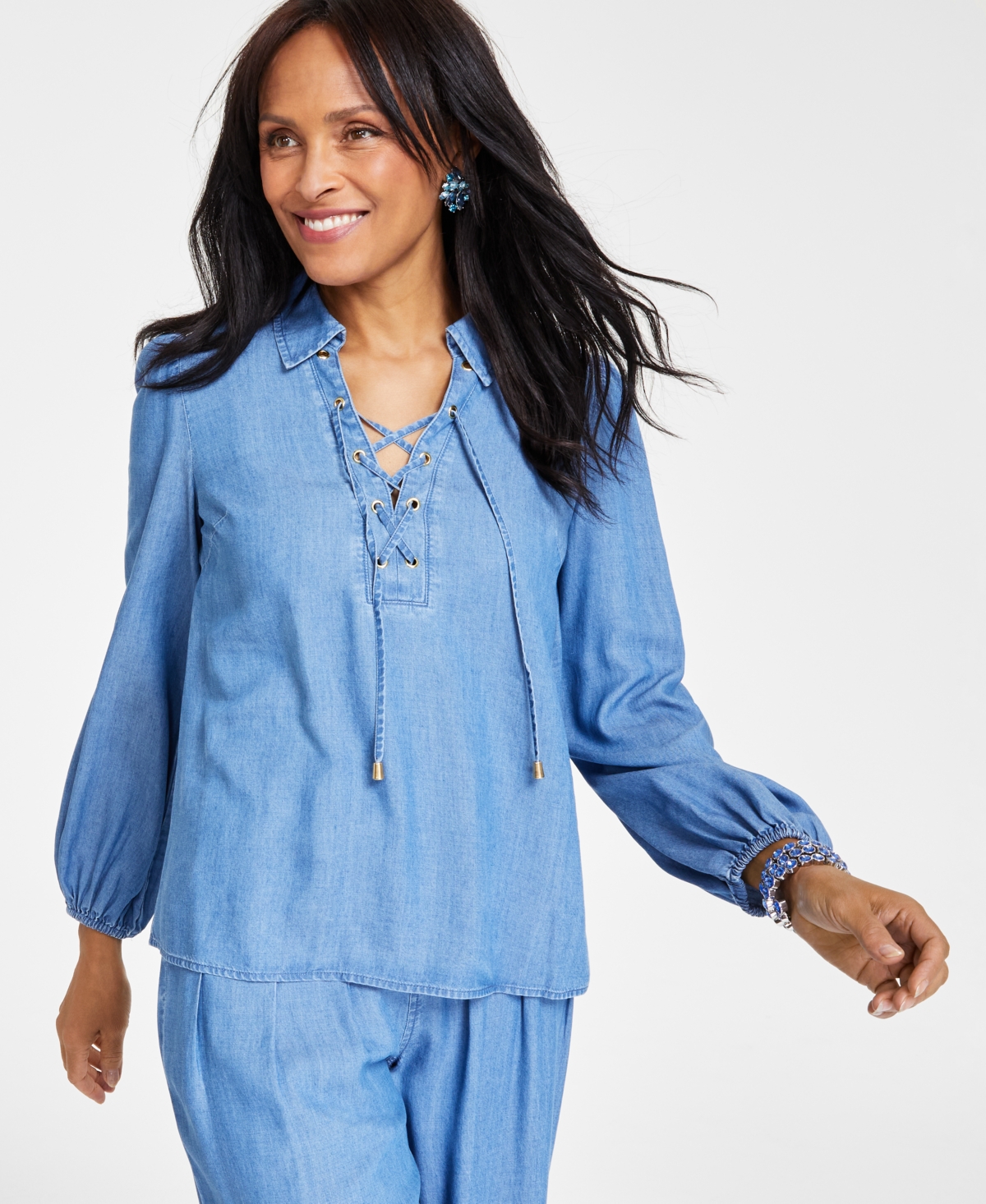 Inc International Concepts Women's Lace-up Blouson-sleeve Top, Created For Macy's In Phoebe Wash