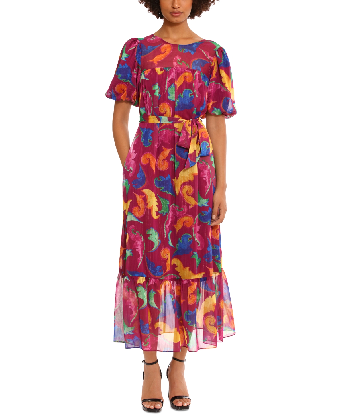 Donna Morgan Women's Puff-sleeve Tie-belt Printed Dress In Ripe Plum,azalea