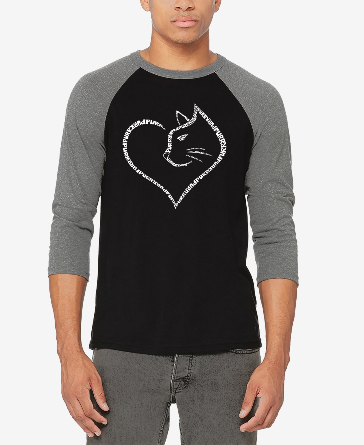 La Pop Art Men's Cat Heart Raglan Baseball Word Art T-shirt - Black